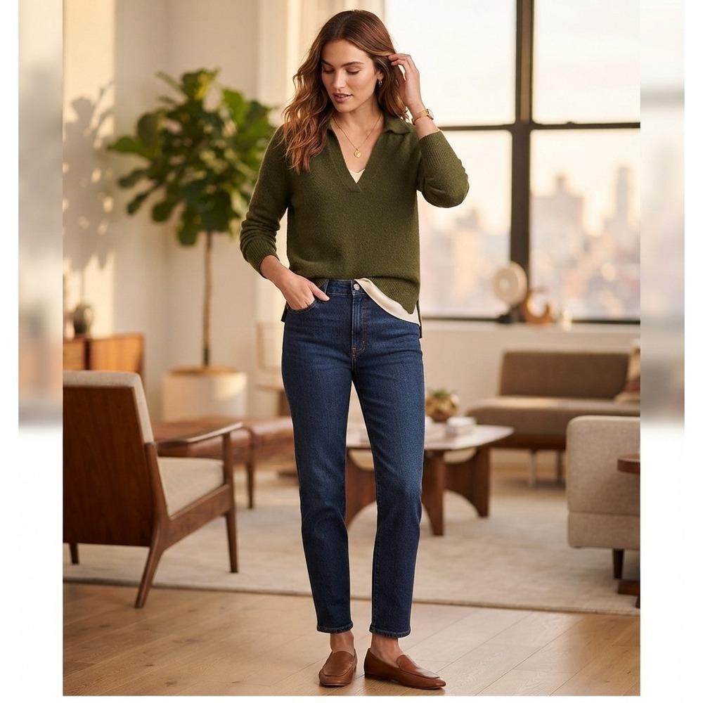 J.Crew Extra-Soft Olive Green Polo V-Neck Sweater Size M Wool Blend Slit Hem